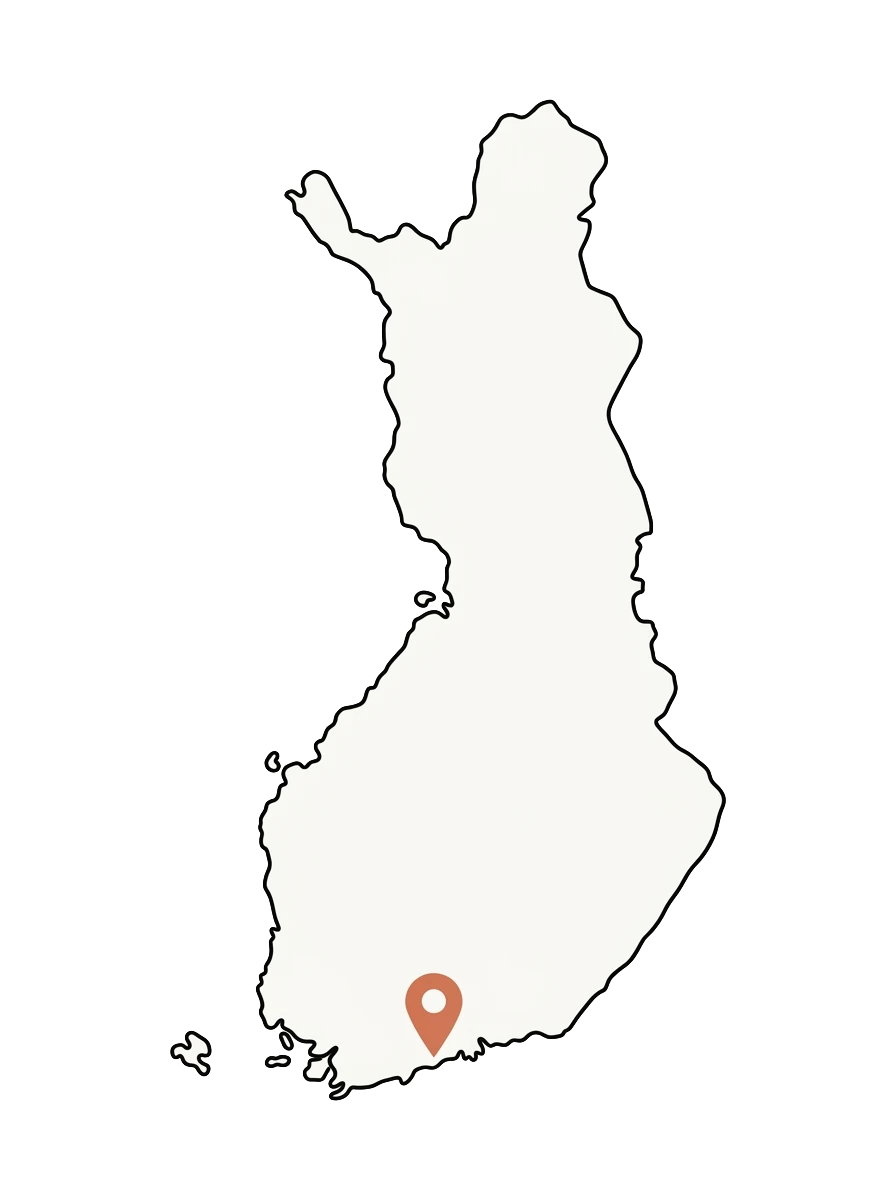 Suomen kartta, piste Helsingin kohdalla.